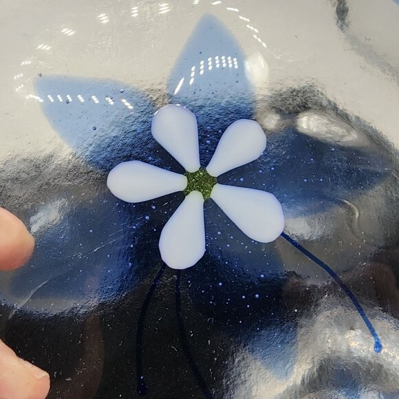 Fused Glass Plates Blue Flowers & Rim Octagon Shaped 8" Diameter Set of 4 VTG - Picture 9 of 10